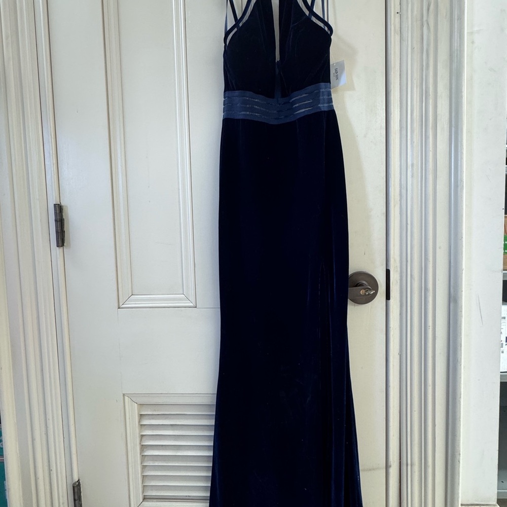 Elegant Navy Velvet Evening Dress - Strappy Waist Detail